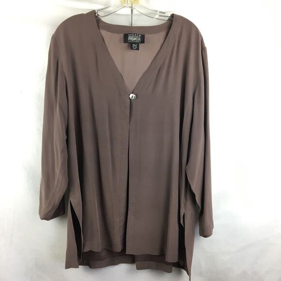Eileen Fisher Brown Top Button Front Silk Tunic Top M/L - Picture 2 of 12